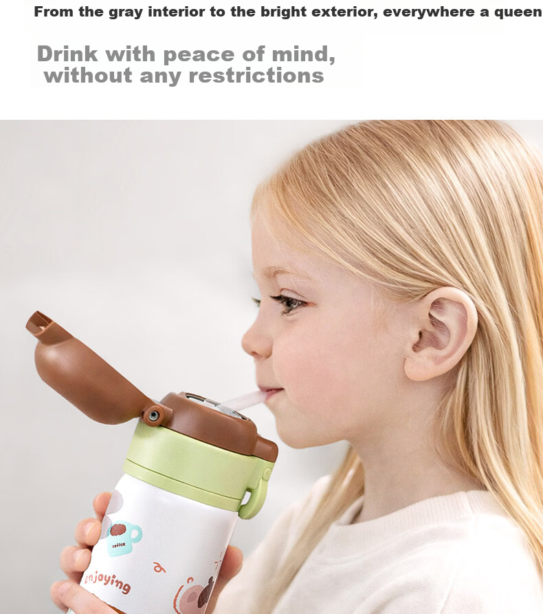 Deli Kids Student Insulated Bottle Strawberry Cake Cute Primary School Multifunctional Dual Drinking Spout Long-lasting Insulated Straw Cup 12