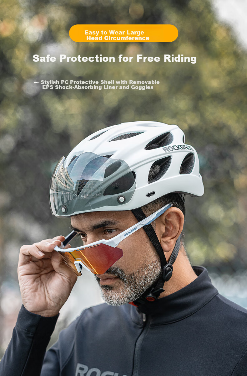 ROCKBROS Large Size Bicycle Helmet with Goggles, Wide And Enlarged Cycling Helmet for Men And Women, Road Bike, Pearl White with Photochromic Lenses 1