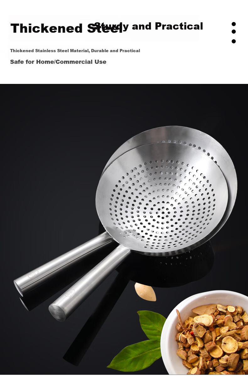Danshi Zhiyuan Stainless Steel Handle Skimmer Spoon 28CM Oil Draining Strainer Slotted Spoon Frying Oil Strainer Spoon Jingcang 2