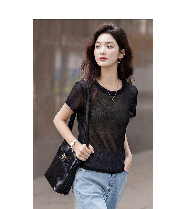 Demana Breathable Linen Summer Lightweight Mesh Round Neck Short Sleeve Slim Fit Casual Women's T-Shirt 10