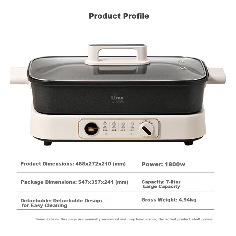 Liven Electric Hot Pot Electric Cooking Pot Hot Pot Dedicated Pot for 3-7 People Detachable Multi-Functional Cooking and BBQ Electric Heating Pot 7L Multi-Purpose Pot DHG-710