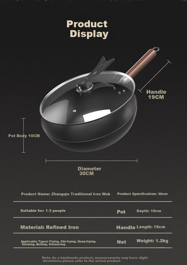 Lao Yiren Iron Wok Zhangqiu Authentic Traditional Uncoated Cast Iron Non-Stick Stir Fry Pan Household Round Bottom Frying Pan for Gas Stove 10