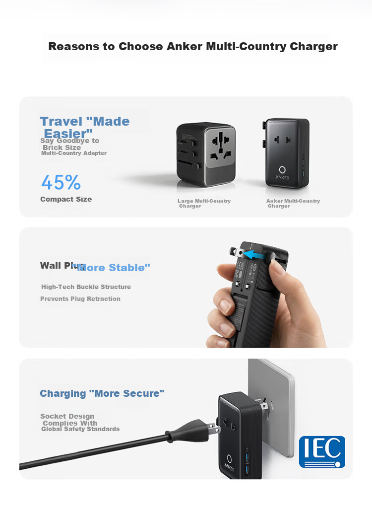 ANKER Multi-Country Travel Adapter UK EU US AU Universal Worldwide Power Socket Charger Black 2