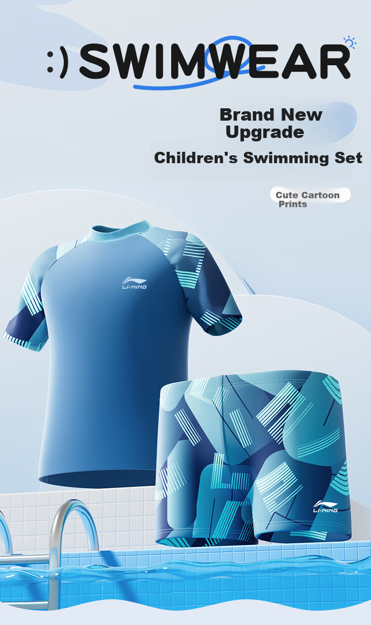 LI-NING Boys' Kids Swimwear Set Youth Two-Piece Swimsuit with Swim Cap Blue Size 150 (42-67) 1