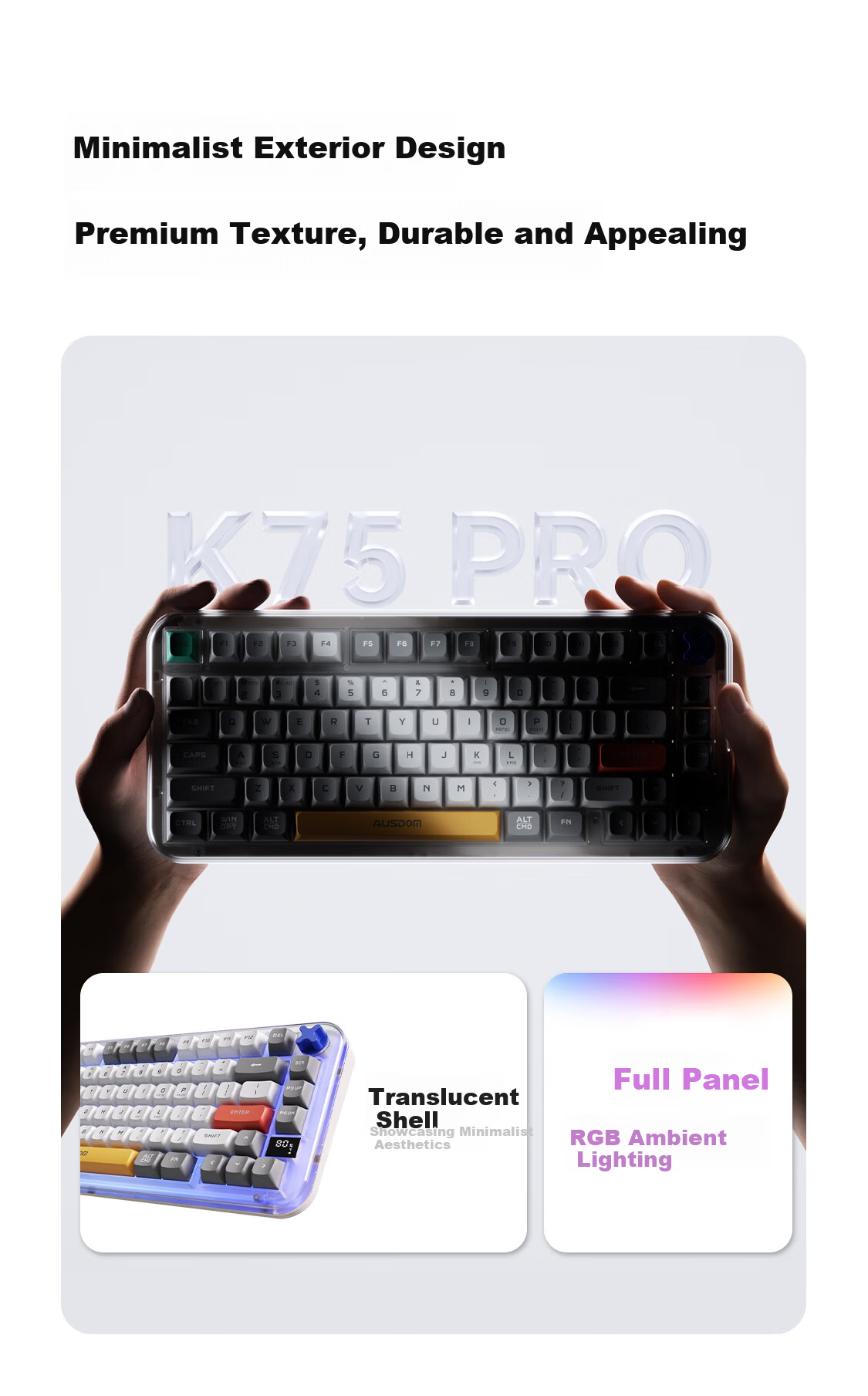 AUSDOM K75 Wireless Keyboard Three-Mode Bluetooth Wired Multifunctional Screen Display Mechanical Feel RGB Office Gaming E-sports Computer Laptop Universal Amber 75-Key Colorful 2