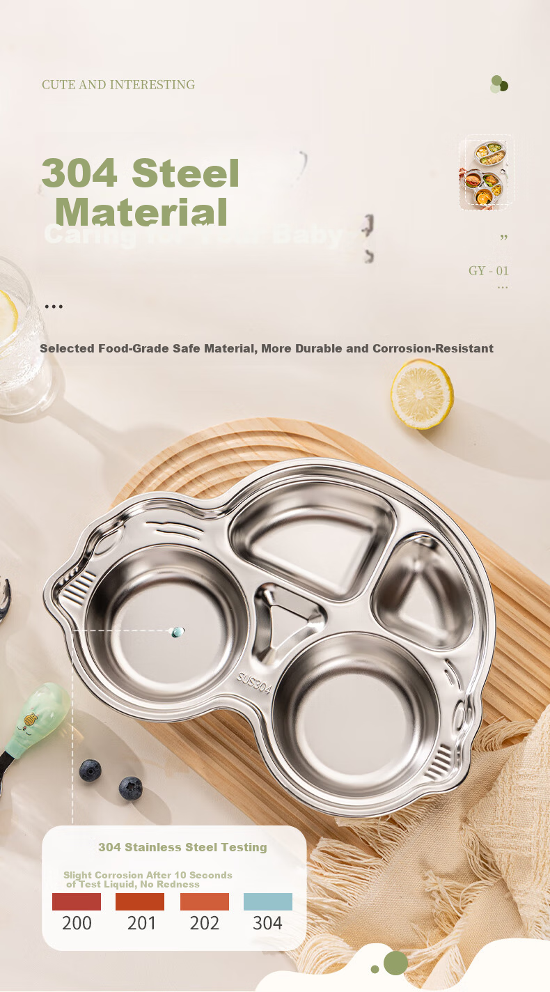Guangyi 316 Stainless Steel Children's Divided Plate, Baby Home Use Four-Compartment Plate for Boys, Kindergarten Tableware GY1377 4