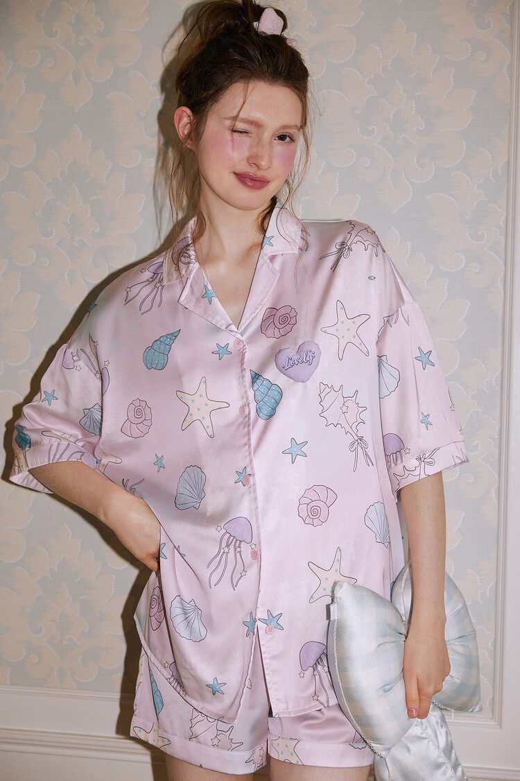 Gukoo Women's Summer Pajamas Shell Print New Ice Silk Sweet Lapel Loose Homewear Set Vanilla Pink S 17