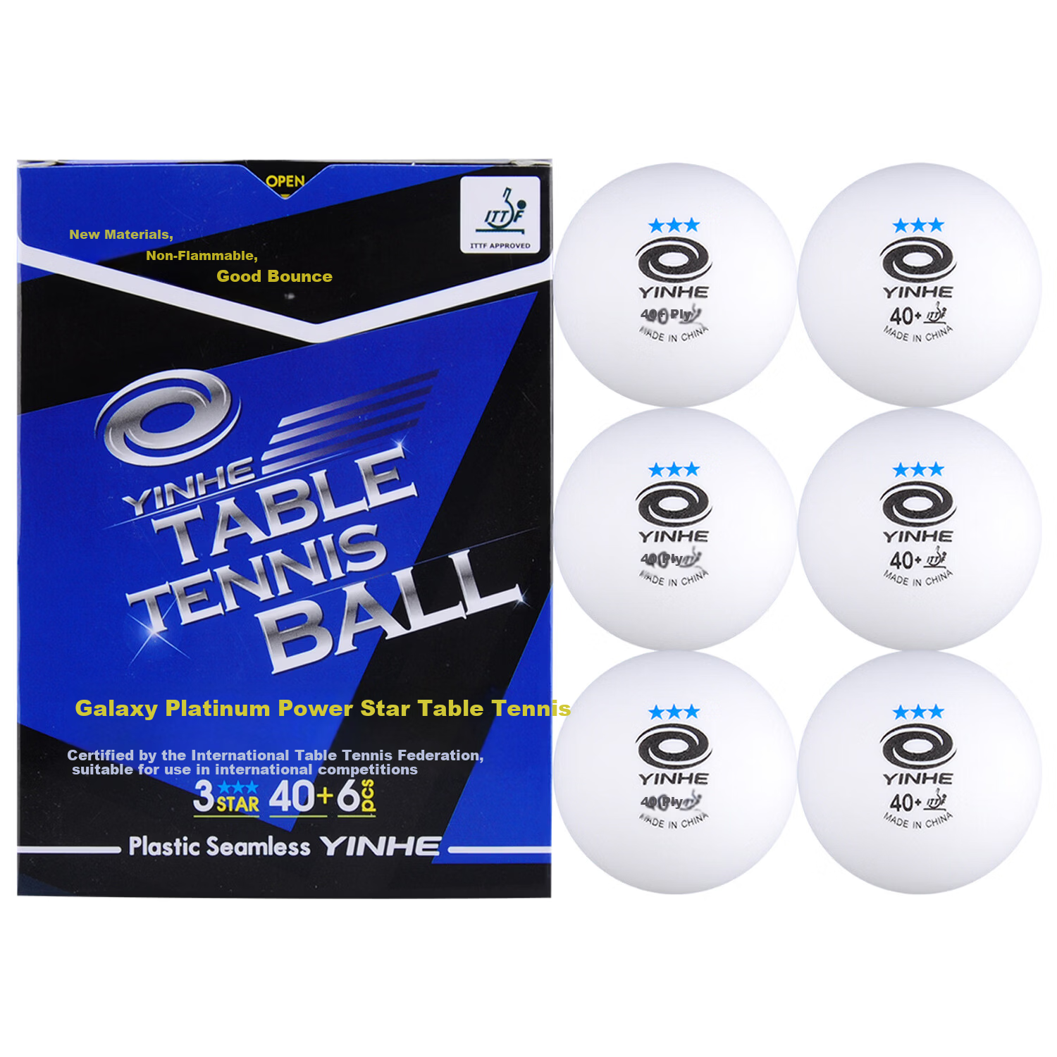 Galaxy Table Tennis Balls Blue Three-Star Seamless 40+ New Material Platinum 3-Star Ping Pong Balls Pack of 6