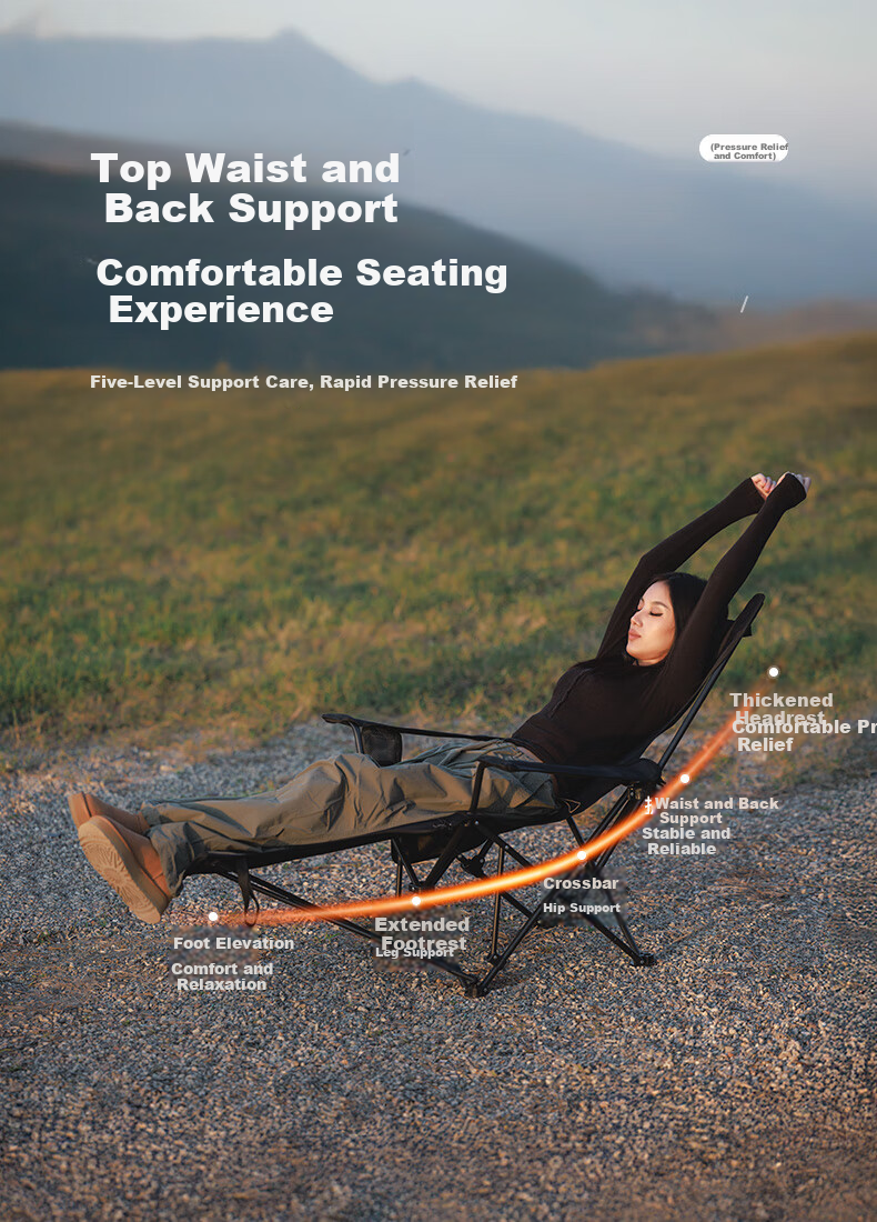 Black Dog Folding Recliner Camping Portable Nap Chair Adjustable 3-Level Outdoor Beach Chair for Autumn and Winter 3