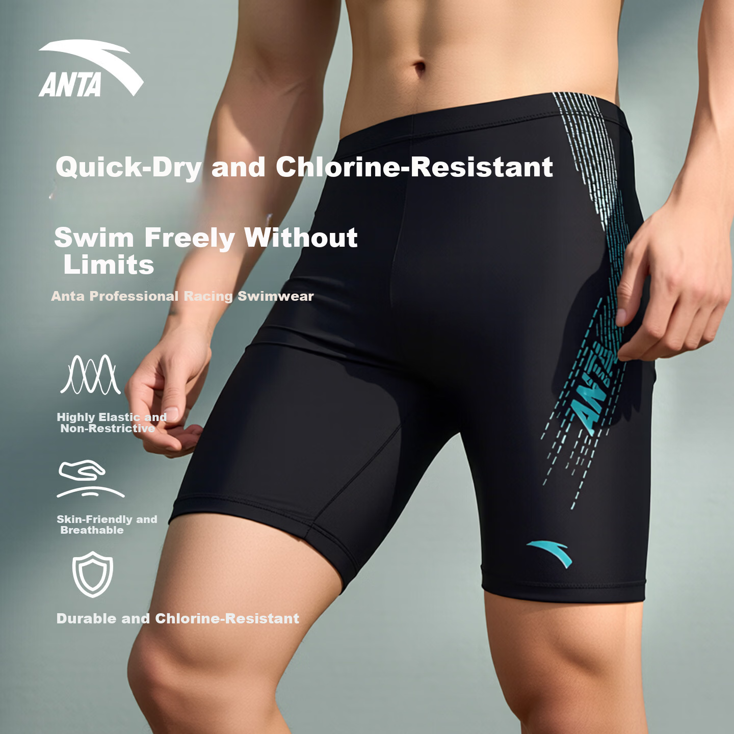ANTA Men's Knee-Length Swim Shorts, Professional Training Anti-Chlorine Quick-Dry Swimming Trunks, Anti-Embarrassment Swimwear Equipment, Black And Blue, Size M