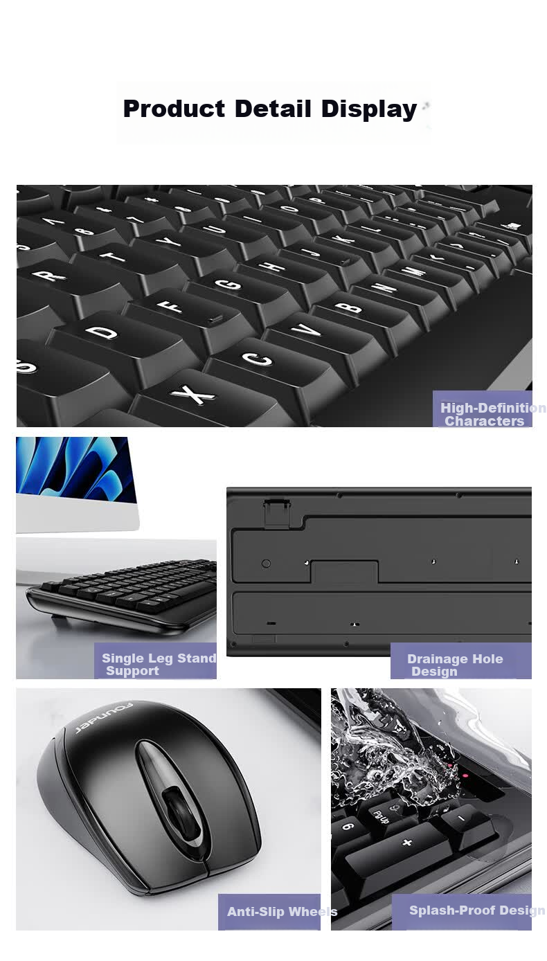 Founder W6202 Classic Black Ultra-thin Waterdrop Keycaps Wireless Keyboard and Mouse Set Lightweight Silent Office Business Keyboard and Mouse for Laptop and Desktop 12