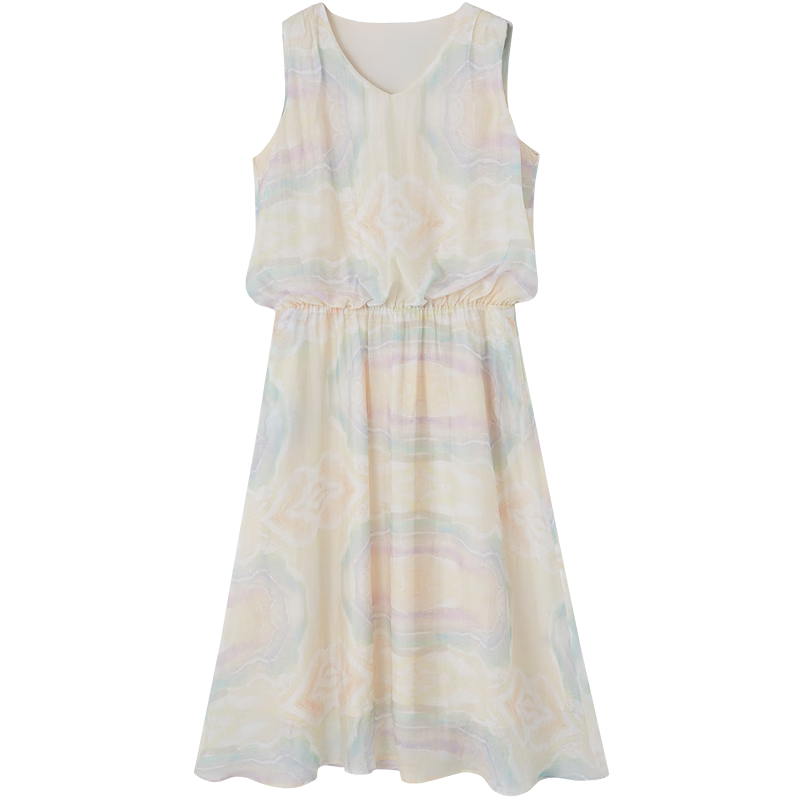 Demana [Smooth Lyocell] Summer French Vacation Style V-Neck Sleeveless Printed Slim Dress for Petite Women