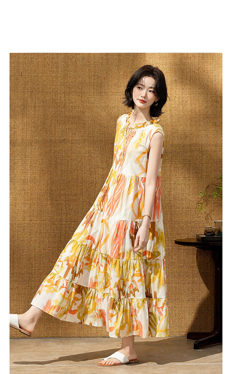 Demana [Oxygen Pure Cotton] Summer Vacation Style Tie-Waist Ruffle Collar Printed Slim Dress for Petite Women 10