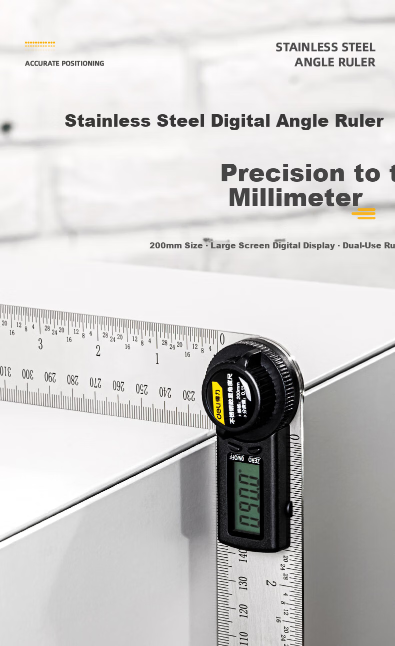 Deli Stainless Steel Digital Multifunction Electronic Angle Protractor 200mm 1