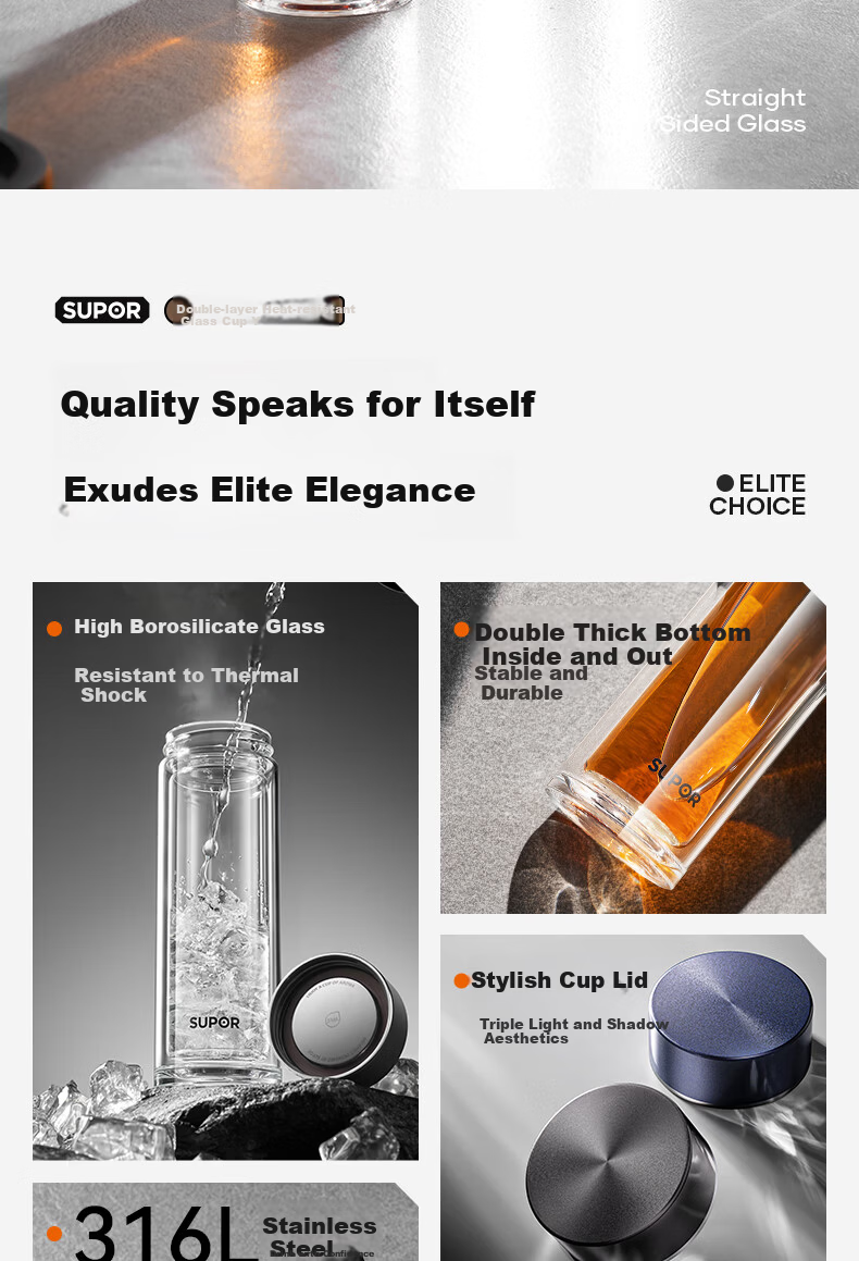 SUPOR Double-Layer Glass Cup for Men, Home and Office, Tea Infuser, Car Water Bottle, 400mL, Starry Night Black 2