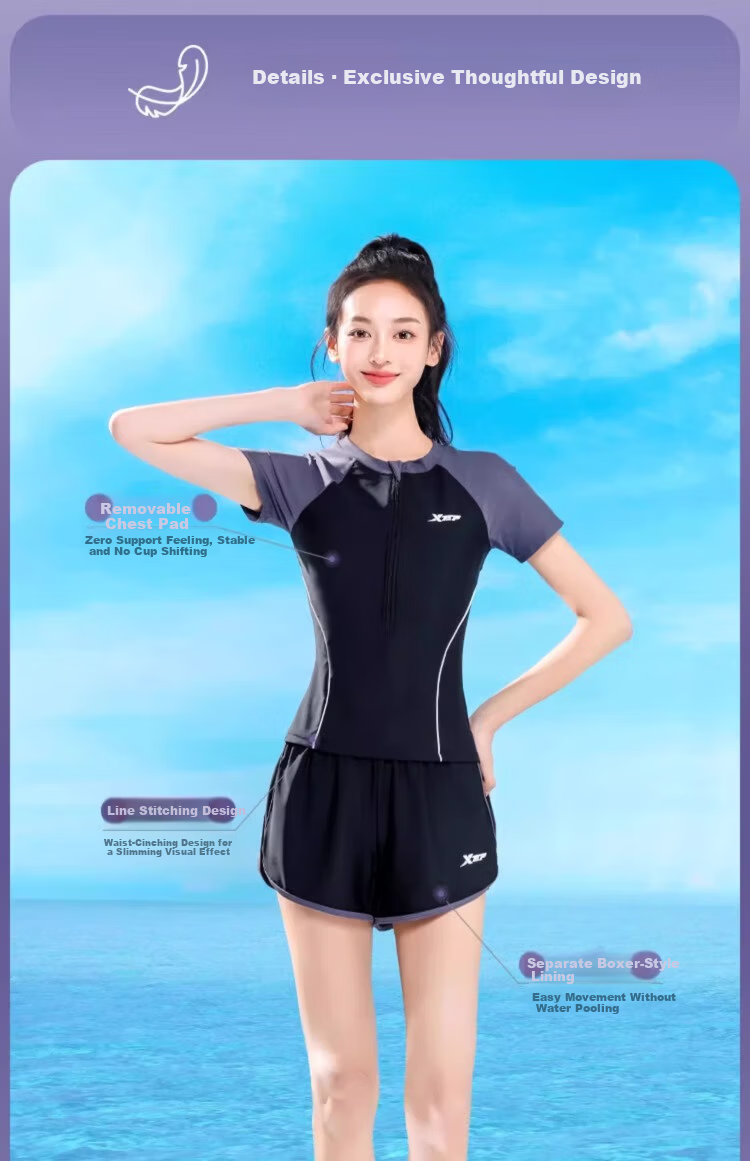 Xtep Women's Slimming Conservative Two-Piece Swimsuit, Small Chest Push-Up Sports Training Square Leg Vacation Versatile Swimwear 8