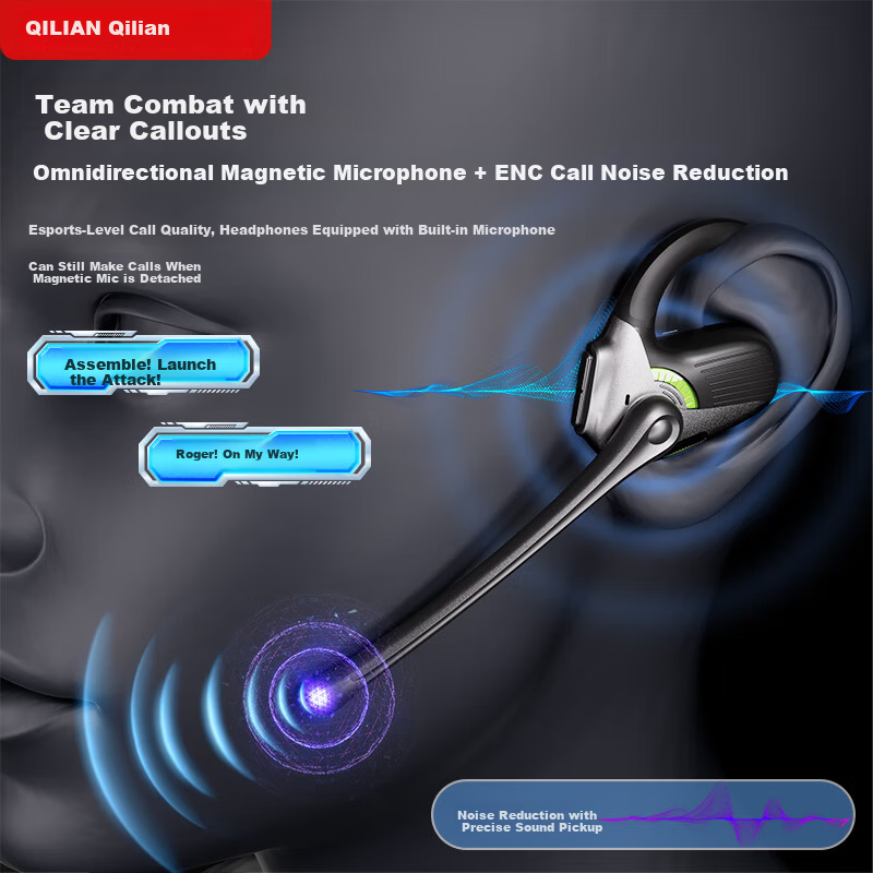 Qilian Extreme Gaming Headset 2.4G Wireless Bluetooth Ear Hook Headset Over-Ear Computer Microphone 2-in-1 Wireless Open Bone Conduction Concept Esports Delta Tri-Mode