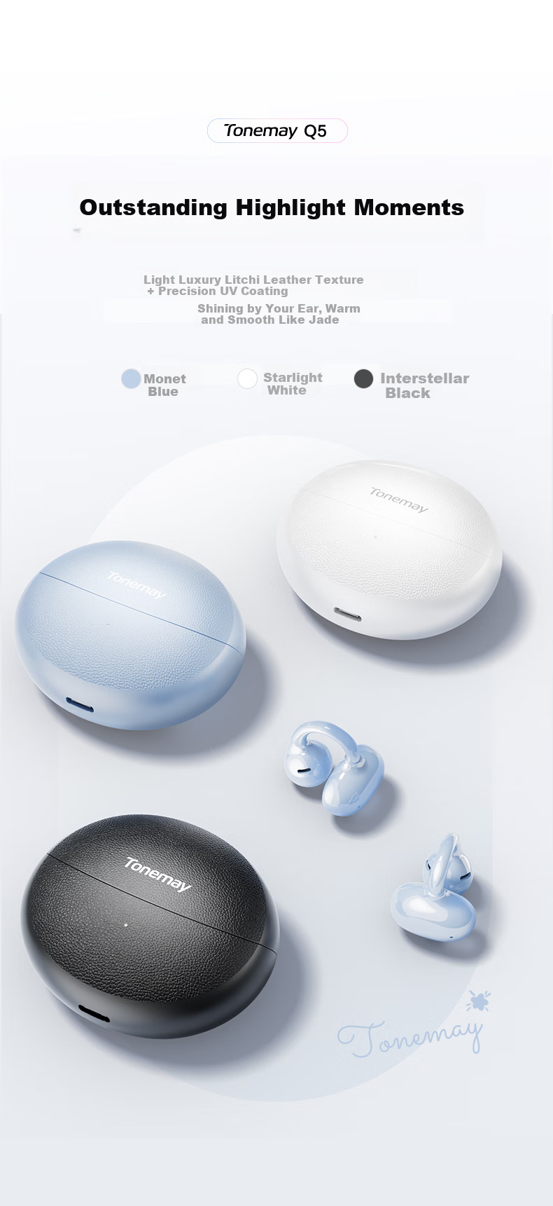 Tangmai Q5 Open-Ear Clip-On Bluetooth Bone Conduction Wireless AI Translation Sports Running Sweatproof Gaming Low Latency Long Battery Life Noise Cancelling Valentine's Day New Year Gift Blue 4
