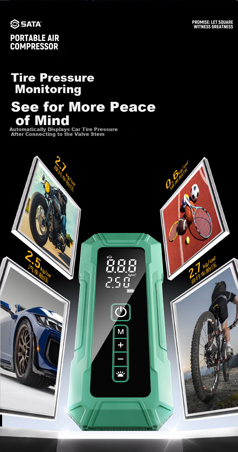 SATA Wireless Car Air Pump with Tire Pressure Detection, Automatic Start-Stop Inflation Pump, Electric Car Air Inflator D05116 10
