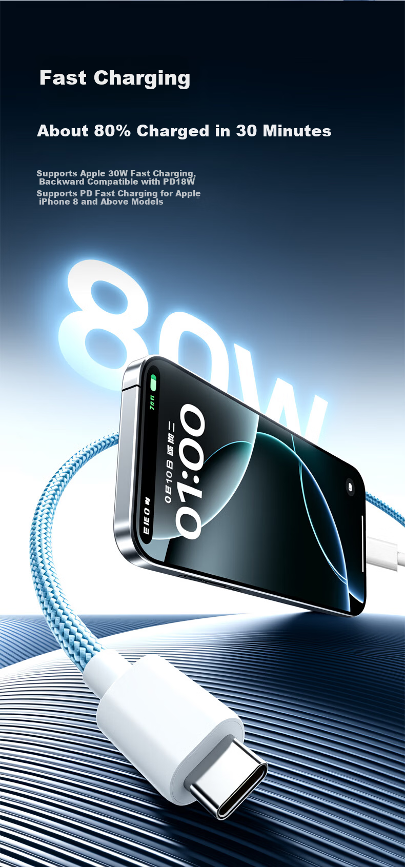 Baking 3-in-1 100W Fast Charging USB Cable Compatible with Apple iPhone Xiaomi OPPO Samsung Huawei Vivo Android Car Charger 2