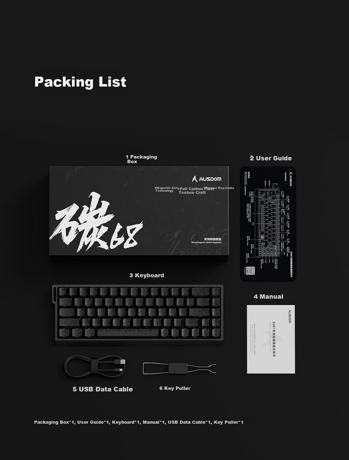 AUSDOM Z68T Carbon Texture Magnetic Shaft Keyboard RT Custom Low Latency Mechanical Keyboard Gaming Wired 68-Key Hot-Swappable FPS Valorant Cloud Magnetic Shaft - Black Carbon 10