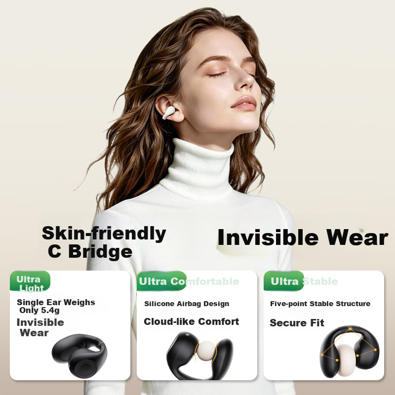 Ziguang Bluetooth Earphones, Clip-On Open-Style Non-In Air Bone Conduction Concept, Hanging-Ear Wireless Sports Running Ai Translation Long Battery Life Headphones Compatible with Huawei Xiaomi And Others