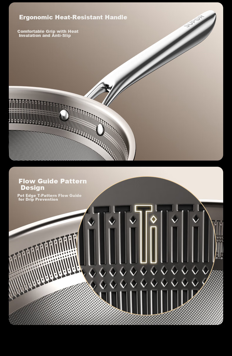 SUPOR Pure Titanium Wok 2nd Generation Non-Coated Healthy Non-Stick Titanium Pan Household Cooking Pot Annual New Release 35