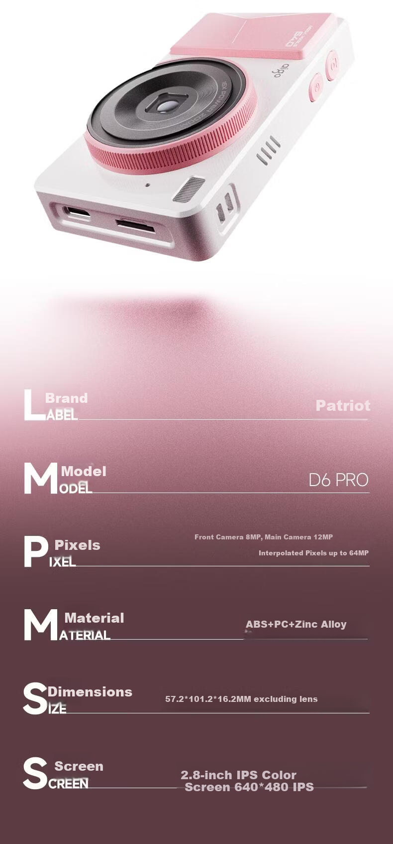 Patriot D6PRO Student Digital Camera Dual Lens White 64GB Retro CCD Entry-Level Travel Campus Compact Camera Birthday Gift for Girlfriend Girls Children's Day Gift 16