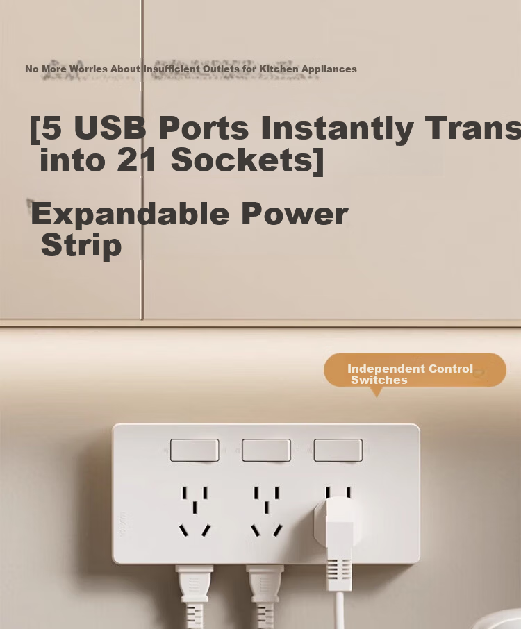 AUX Extension Power Strip with Cord Multi-Functional Bedroom Wall Mount Expansion Socket Kitchen Power Outlet Gray 1