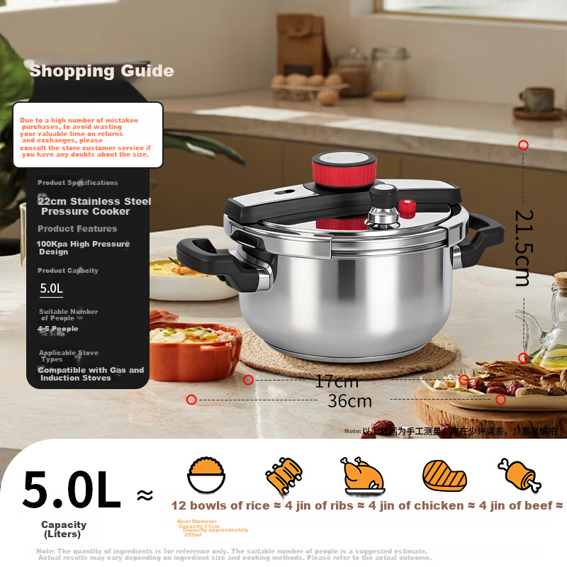 Double Happiness High-Pressure Cooker 304 Stainless Steel Gas and Induction Cooker Compatible Single-Hand Open Explosion-Proof Pressure Cooker 22CM/5L Cool Drive