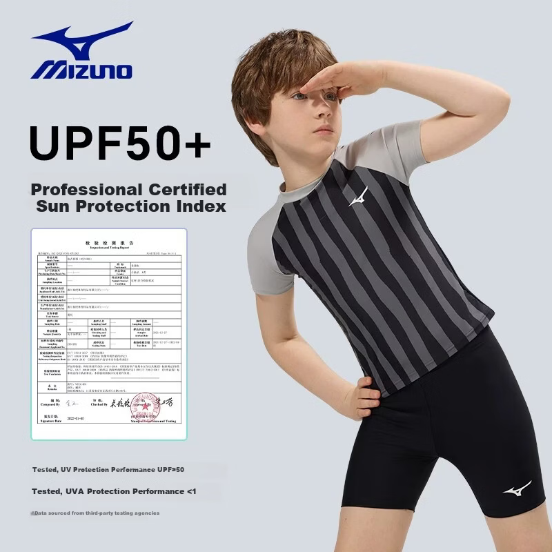 MIZUNO Boys' Quick-Dry Breathable Two-Piece Short-Sleeve Square-Leg Swimsuit Sun Protection Hot Spring Set GC410 Black Gray Size 130