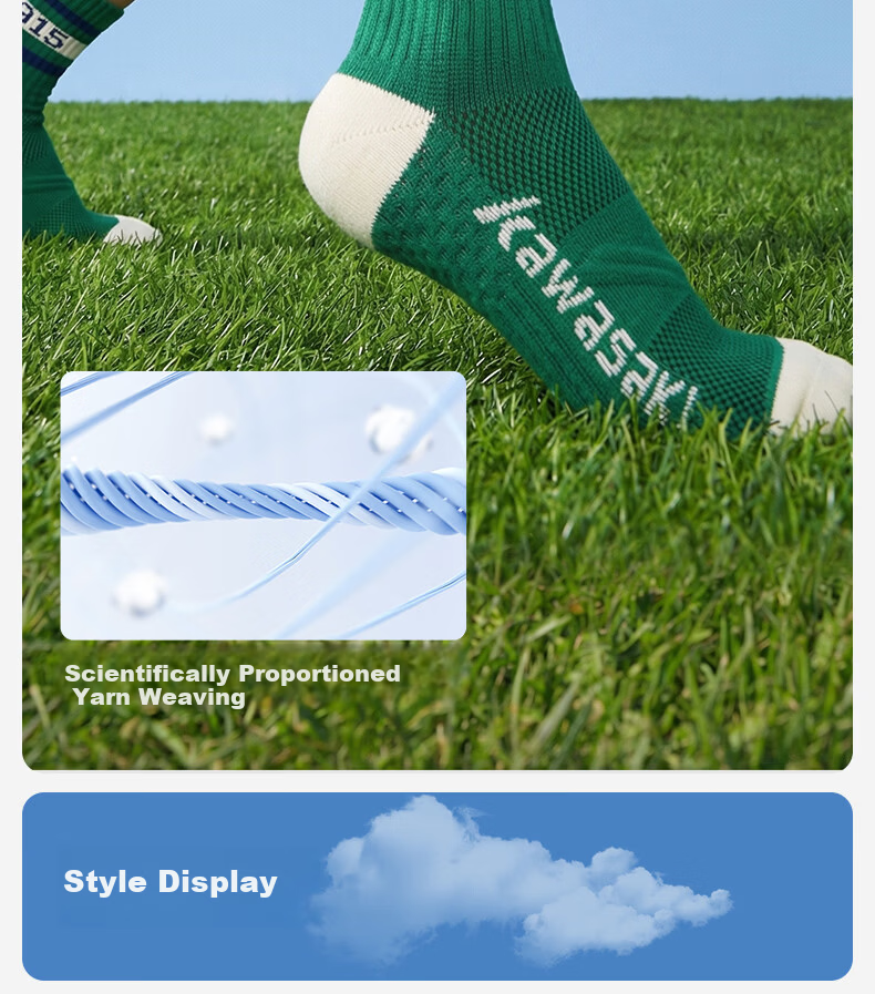 KAWASAKI Badminton Socks Kids Sports Socks Durable Terry Bottom D6401 White Blue/White Green/Vintage Green (3 Pairs) 12
