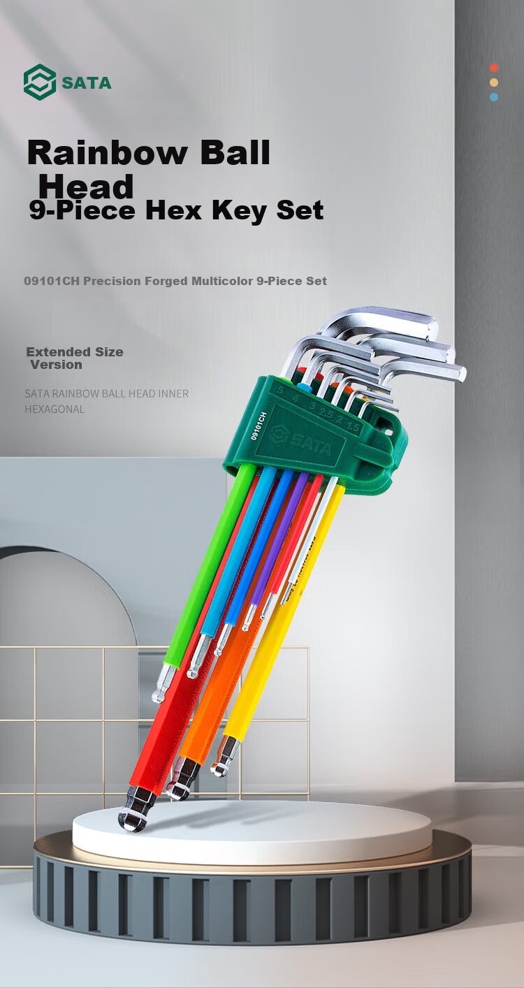 SATA Rainbow Series 9-Piece Extra Long Ball End Hex Key Wrench Set 1.5-10MM 09101CH 1