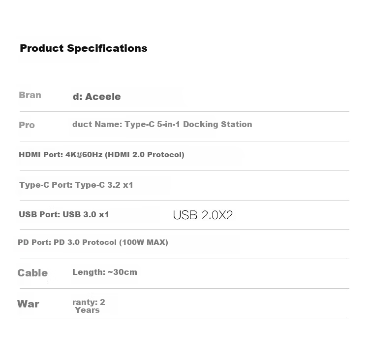 ACEELE Type-C 5-in-1 HDMI Hub USB Multiport Adapter PD Fast Charging Laptop Tablet Converter 0.15m 14