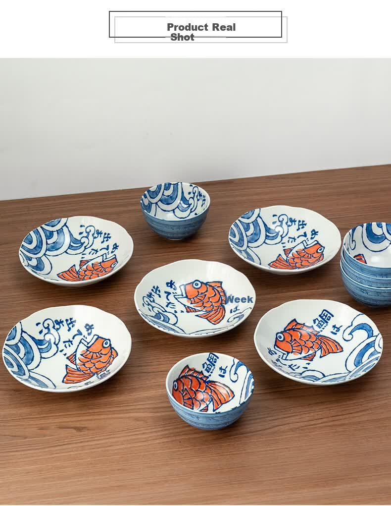 Mino Yaki Japanese Imported Tableware Underglaze Color Year of Abundance Sea Bream Bowl and Plate 10-Piece Set 9