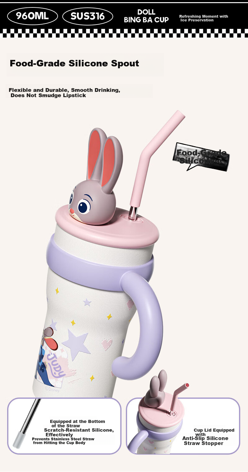 Disney Judy Hopps Jumbo Straw Insulated Water Bottle Large Capacity High-Value Portable Tumbler Birthday Gift 8