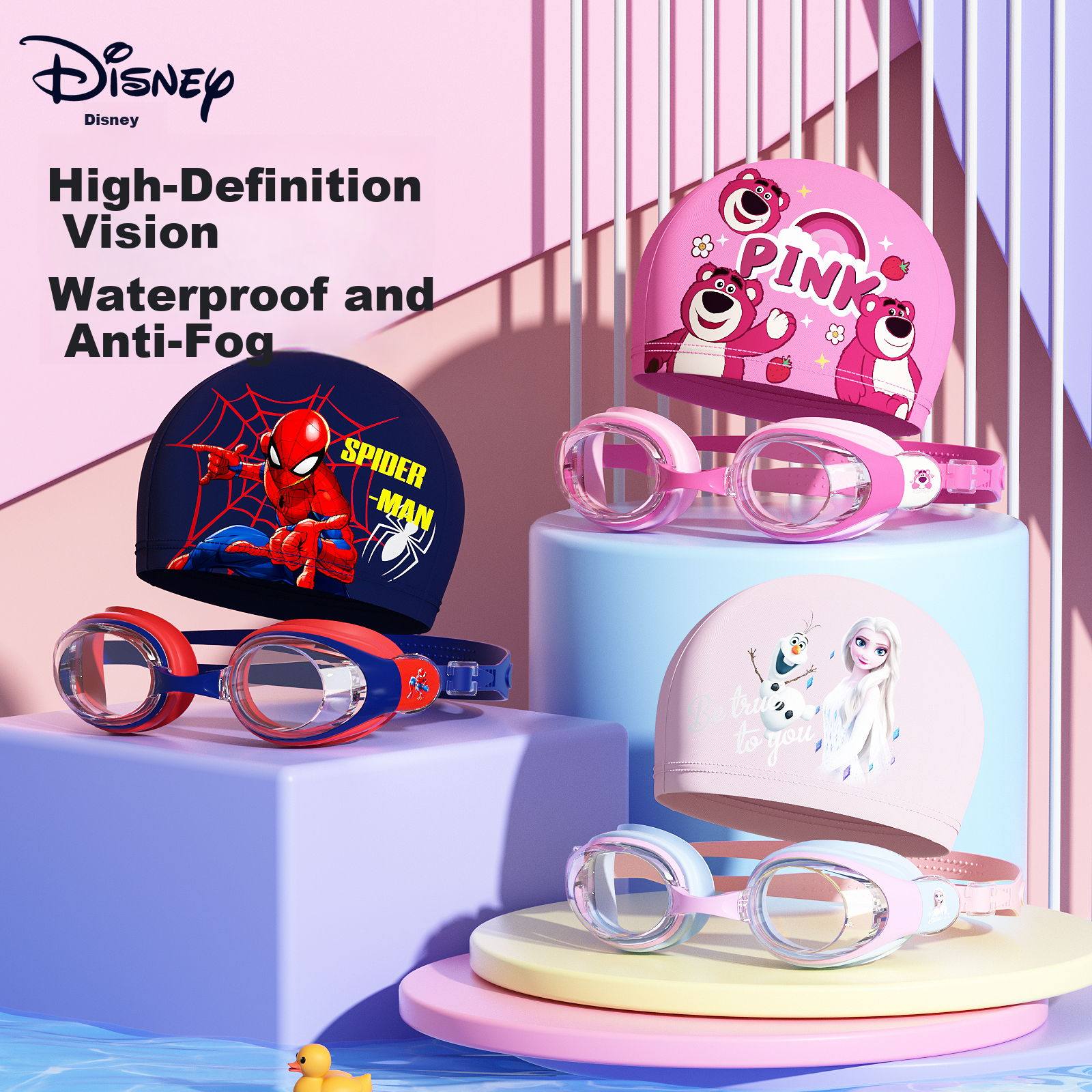 Disney Kids Swim Goggles and Cap Set HD Anti-Fog Waterproof Protective Eyewear D66405S Light Pink Elsa