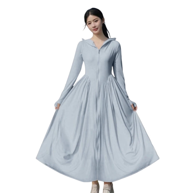 Langsha Women's Long Slim Fit Sunscreen Jacket UV Protection A-Line Full Body Sun Protection Dress Original Yarn Cooling Small Size Sun Protection Clothing