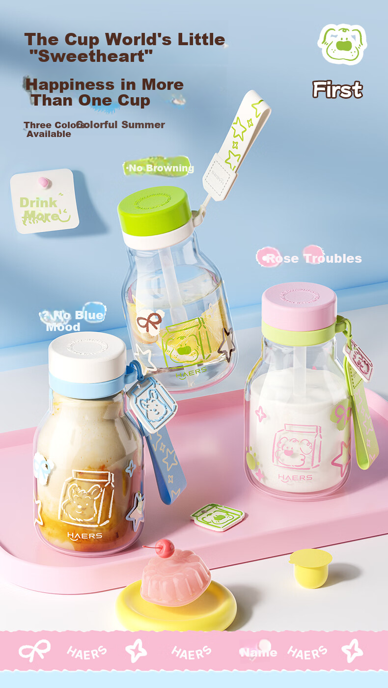 HAERS Glass Cup High-Value Summer Straw Cup for Girls Student Desktop Water Cup Heat-Resistant Suitable for Boiling Water Blue 570ml 6