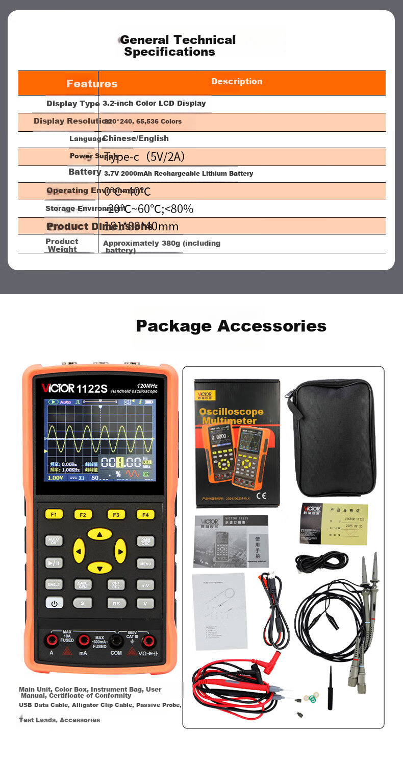 VICTOR VC1122S Handheld Digital Oscilloscope Portable Multimeter 3-in-1 Signal Generator for Home Use 8