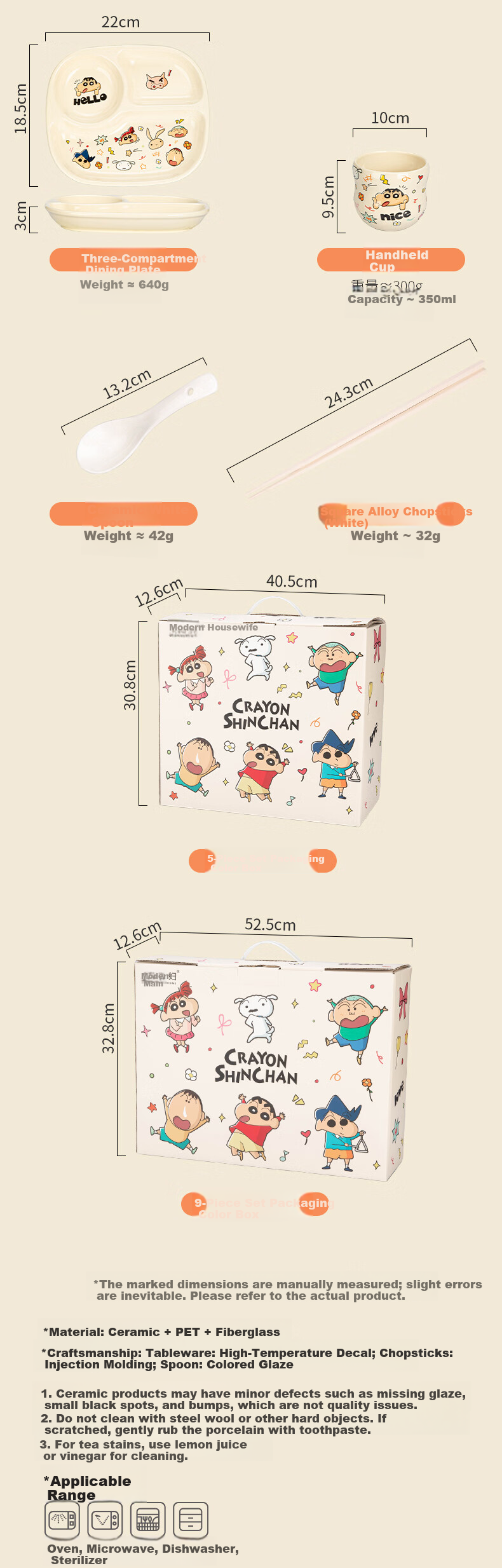 Modern Housewife Crayon Shin-chan Divided Dinner Plate Set for 2 Adults Household Tableware Breakfast Plates Bowls 13