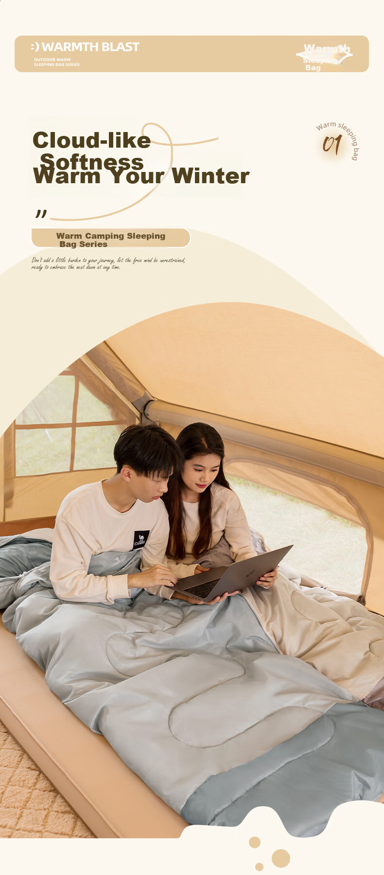 CAMEL Outdoor Sleeping Bag Camping Adult Thickened Warm Cold-Resistant Four-Season Universal Men's Winter Honey Peach Color 3009 1