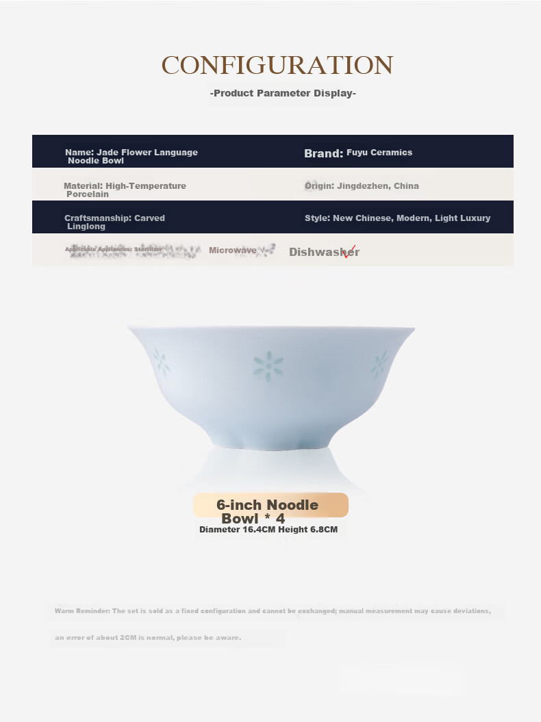 Fuyu Ceramics Jingdezhen Ceramic Tableware Premium Light Luxury New Home High-End Porcelain Bowls and Plates Jade Flower Language Noodle Bowls Set of 4 4