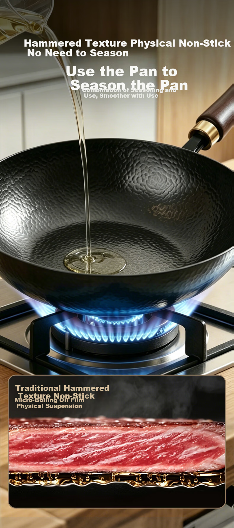 Bear Iron Wok Thickened Hammered Texture Healthy Non-Coated True Stainless Steel 30cm with Solid Wood Lid 4