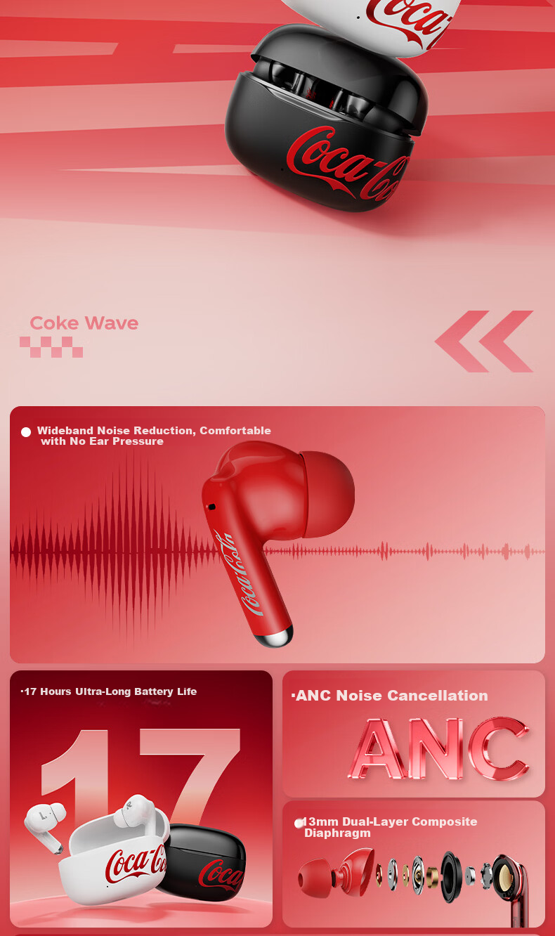 Coca-Cola T65Pro Noise-Cancelling Bluetooth Earphones 2026 Latest Model | Panoramic Sound | In-Ear Active Noise Cancelling Wireless Earbuds with Long Battery Life for Apple Huawei Xiaomi Phones 2