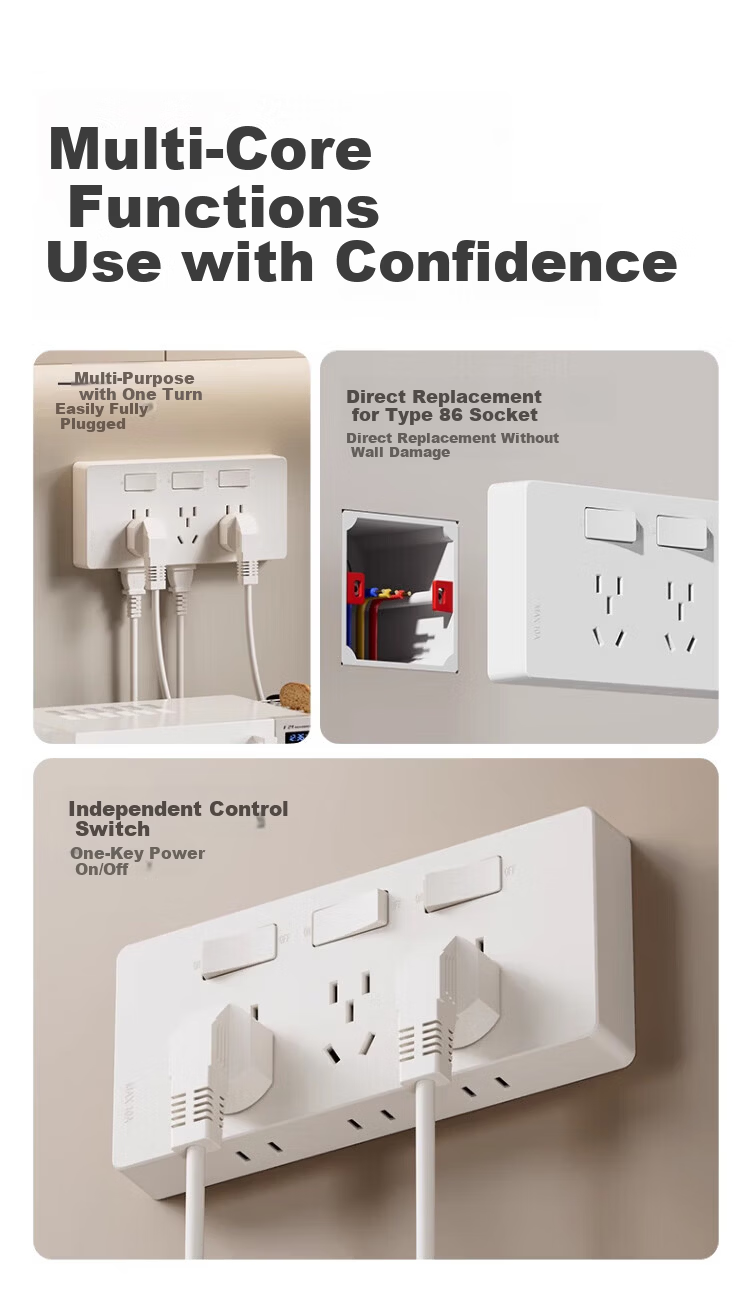 AUX Extension Power Strip with Cord Multi-Functional Bedroom Wall Mount Expansion Socket Kitchen Power Outlet Gray 3