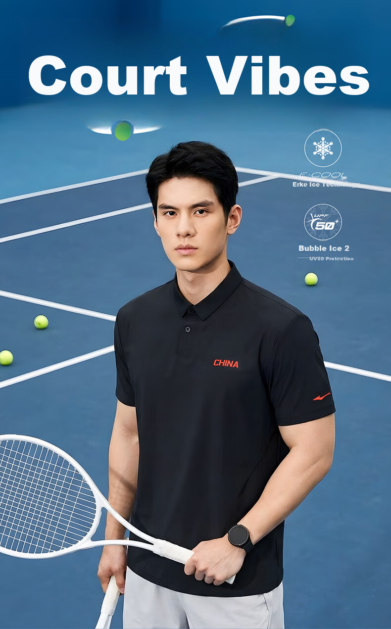Erke Men's Micro Collar Short Sleeve T-Shirt Summer Sports Polo Shirt Outdoor Sun Protection Ice Cooling Deodorizing Tennis Sports Top 1