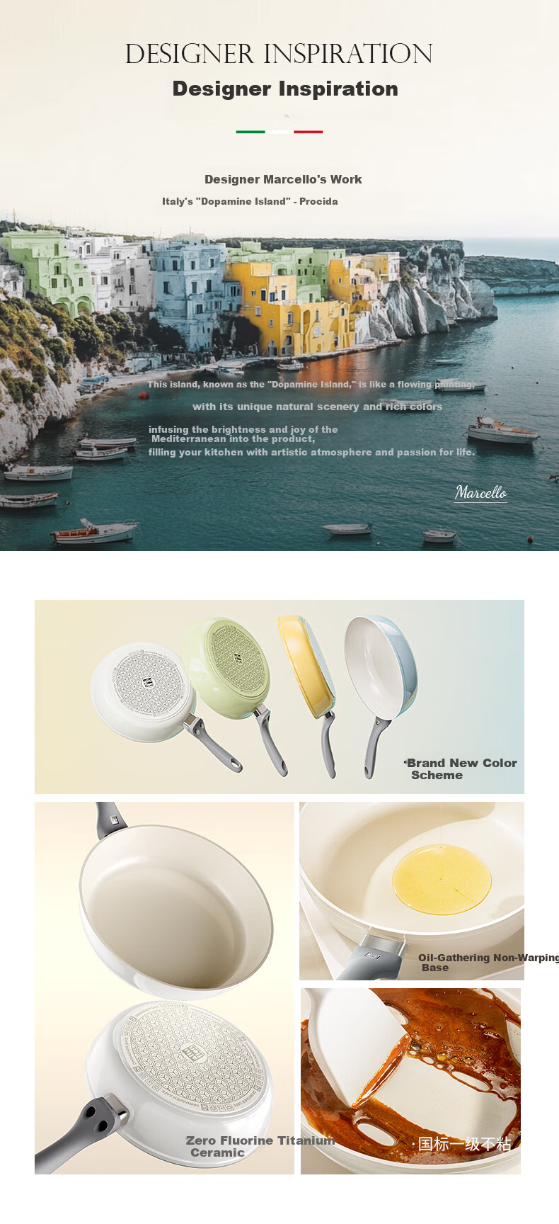 Alluflon Frying Pan Flat Bottom Titanium Ceramic 0 Fluorine Coating Grade 1 Non-Stick Steak Pan Induction Cooker Compatible White 24cm 7