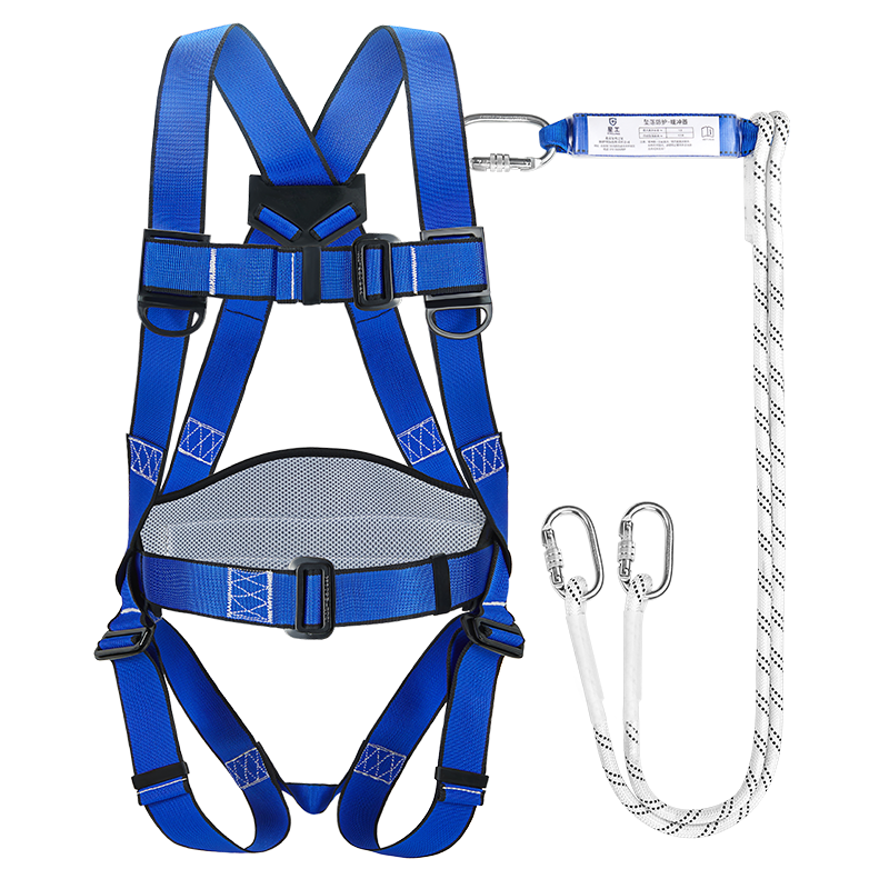 XINGGONG Five-Point Safety Harness, Full-Body Fall Protection Belt for Working at Height, National Standard with Shock Absorber Pack And Double Small Hooks, 2 Meters Long, XGD-2P