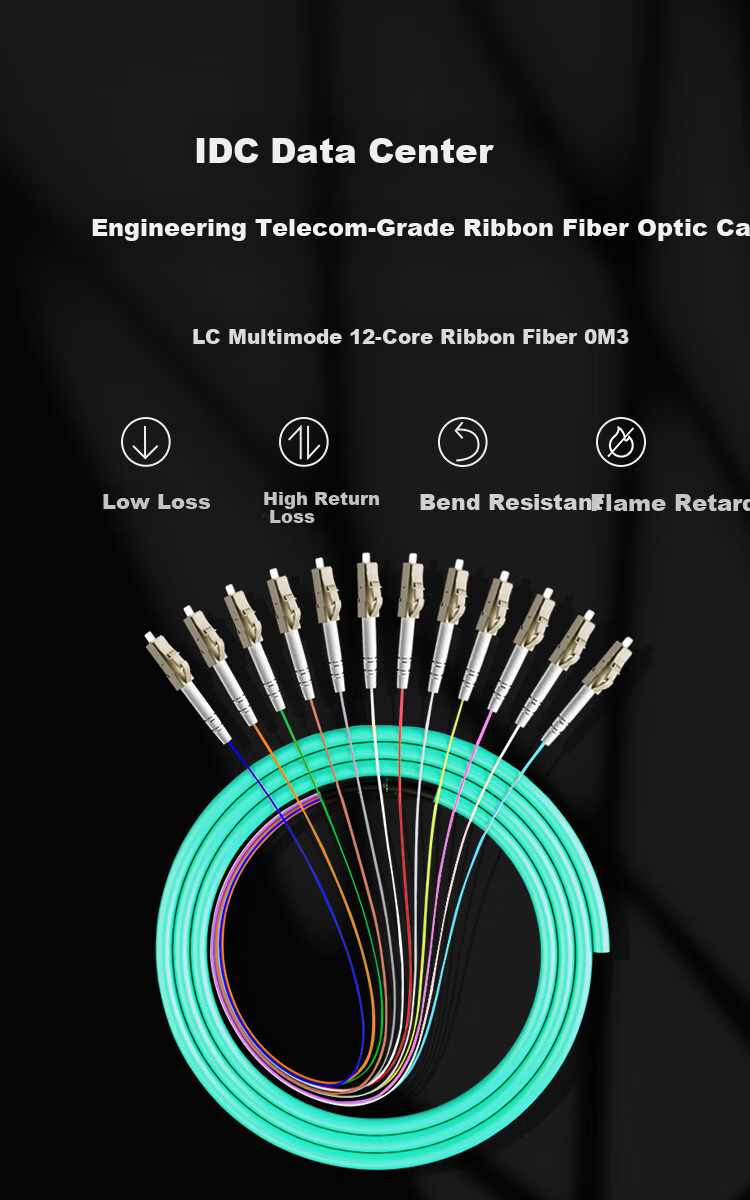 BYNET Telecom Grade OM3 Multimode Fiber Optic Patch Cord 12-Core LC Ribbon Fiber Optic Pigtail ODF Unit Fiber 1.2m BYN-LC12-OM3 1